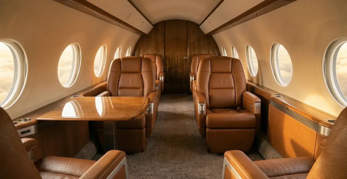 Intérieur luxueux de cabine de jet privé avec fauteuils en cuir et hublots, illustrant le choix entre propriété partagée et affrètement à la demande