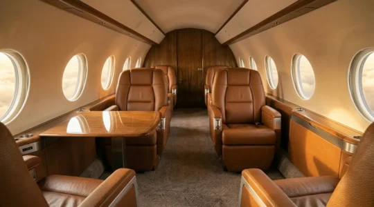 Intérieur luxueux de cabine de jet privé avec fauteuils en cuir et hublots, illustrant le choix entre propriété partagée et affrètement à la demande
