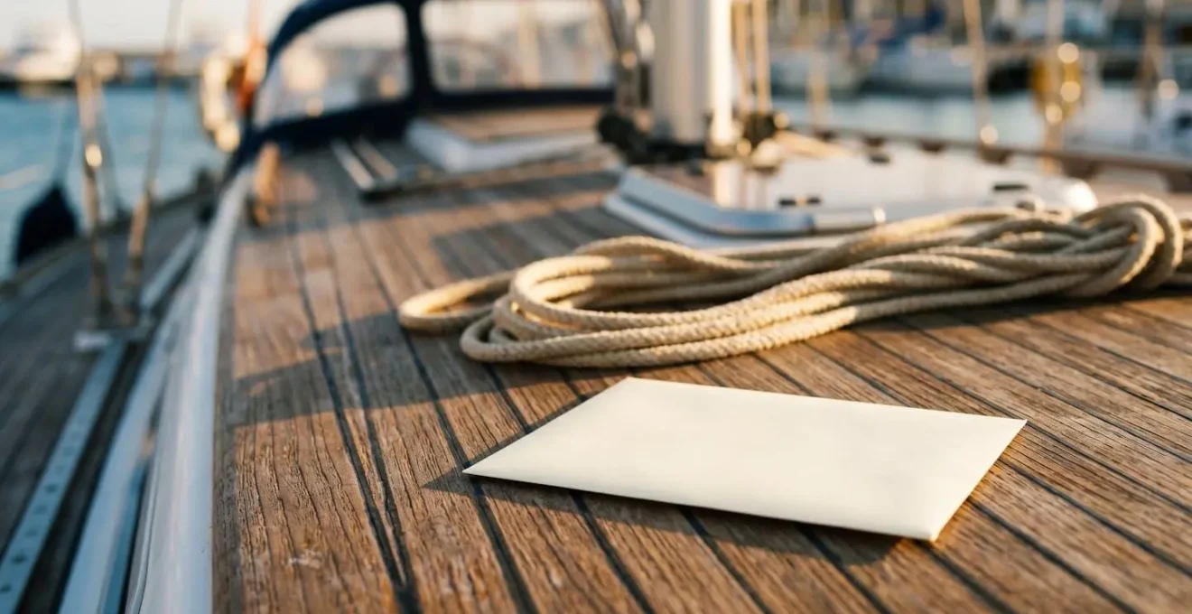Enveloppe élégante sur surface en bois noble dans un cadre maritime raffiné