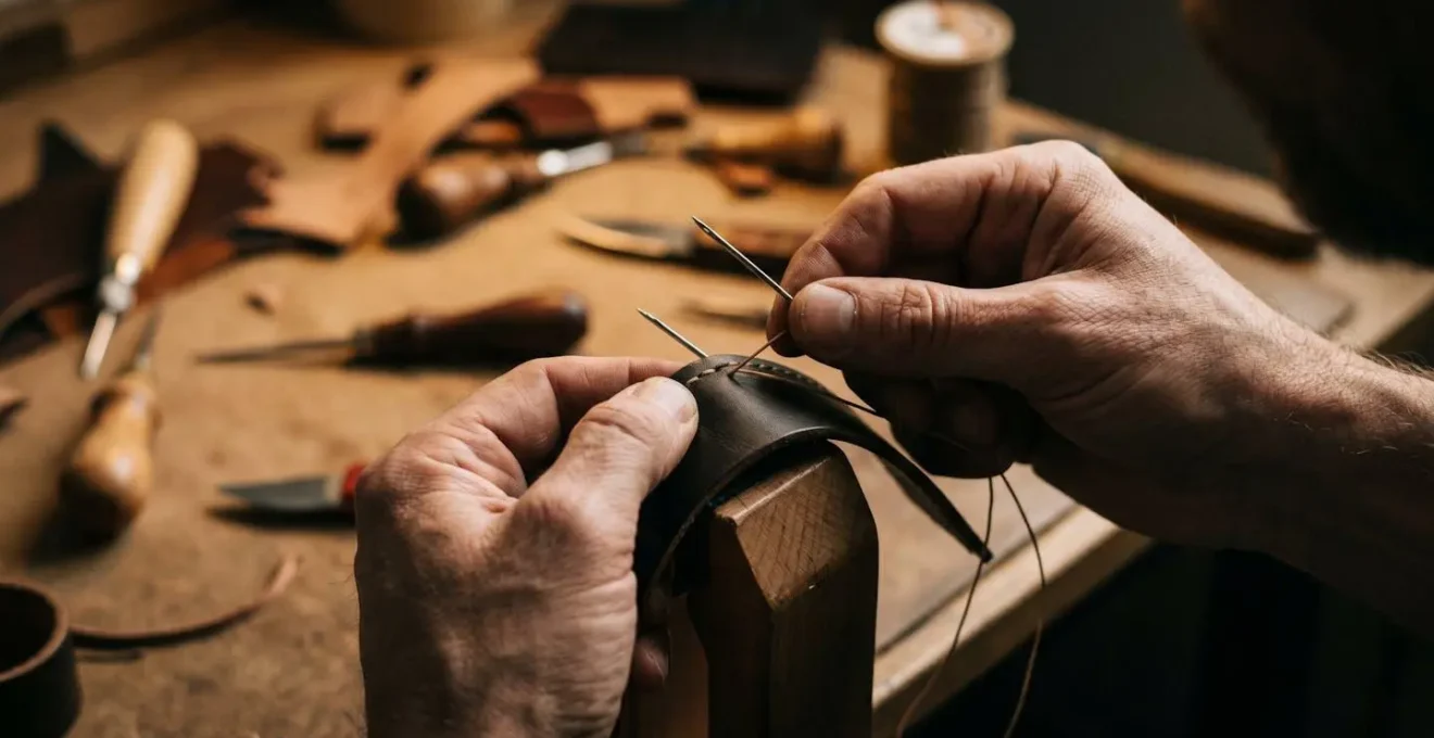 Mains d'artisan répétant un geste technique précis sur matière noble, concentration et maîtrise