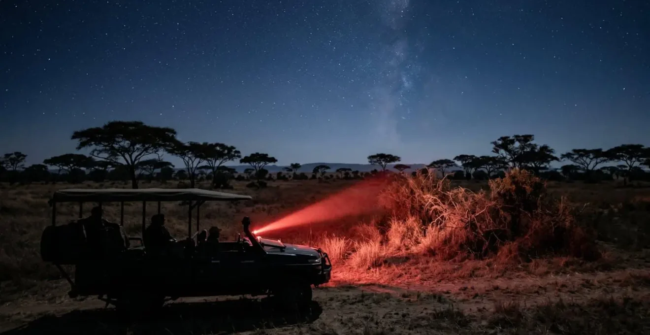 Guide de safari utilisant un projecteur rouge pour observer un léopard la nuit dans une réserve privée