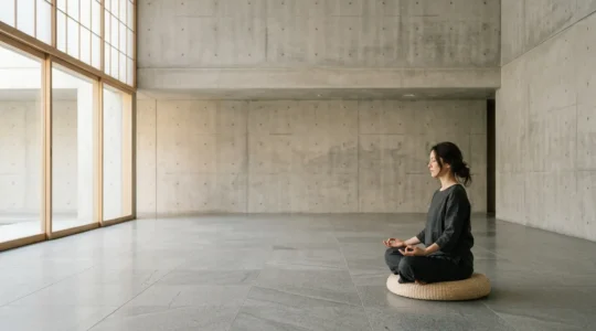 Silhouette humaine en méditation dans un espace apaisant et épuré