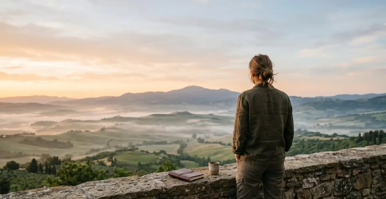 Voyageur contemplant un paysage naturel dans une posture de pleine conscience et sérénité