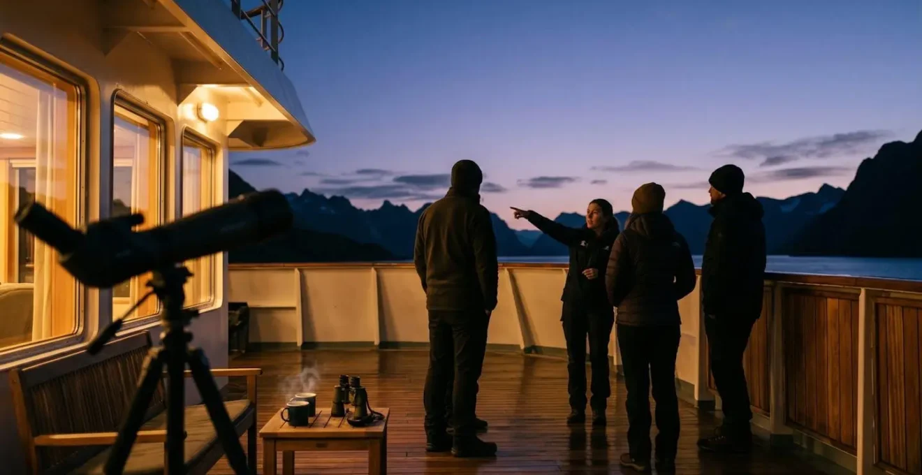 Ambiance feutrée lors d'une soirée à bord d'un navire d'expédition de luxe