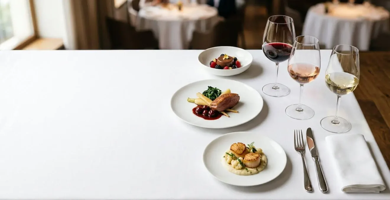 Table de restaurant gastronomique avec assiettes raffinées et verres de vin disposés élégamment