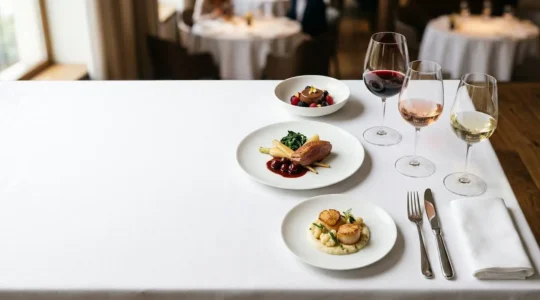 Table de restaurant gastronomique avec assiettes raffinées et verres de vin disposés élégamment