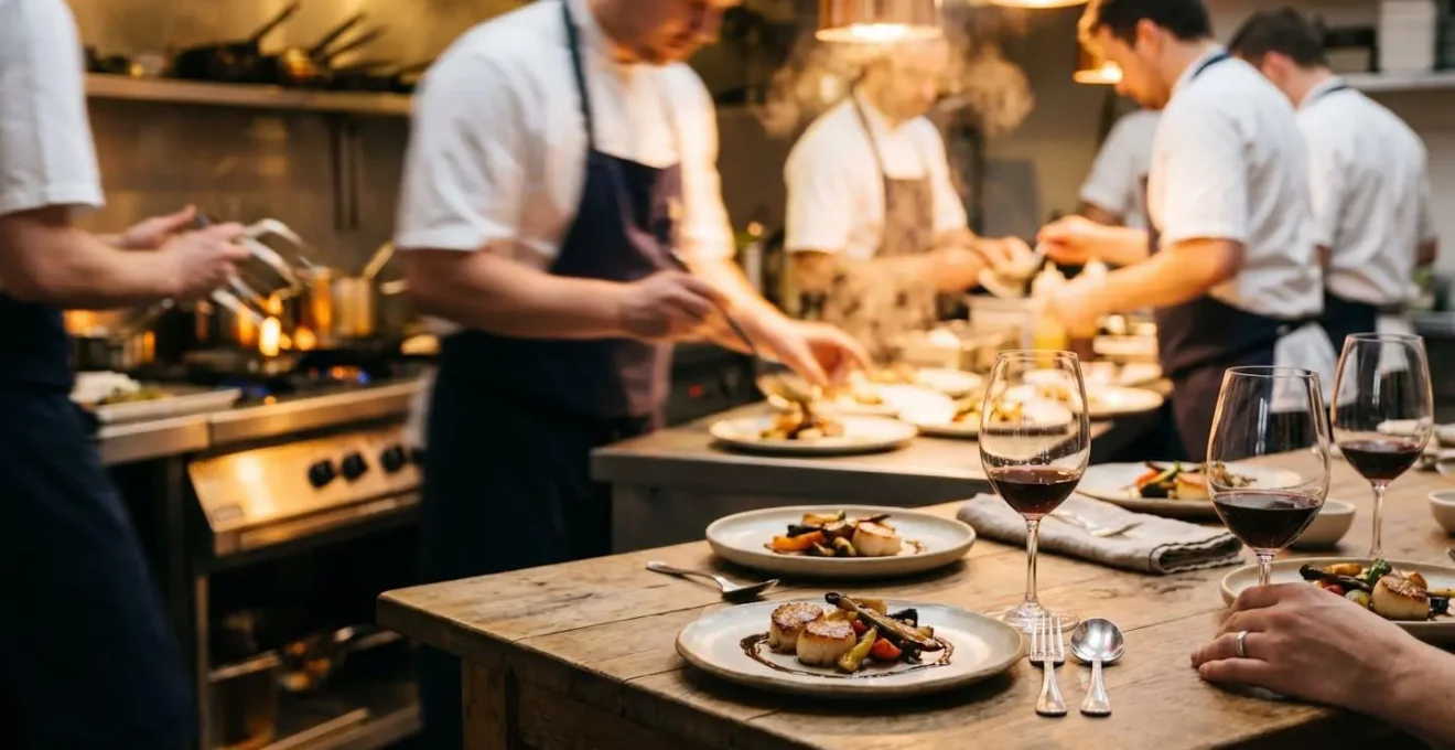 Vue depuis une table du chef dans les coulisses d'une cuisine gastronomique avec brigade en action
