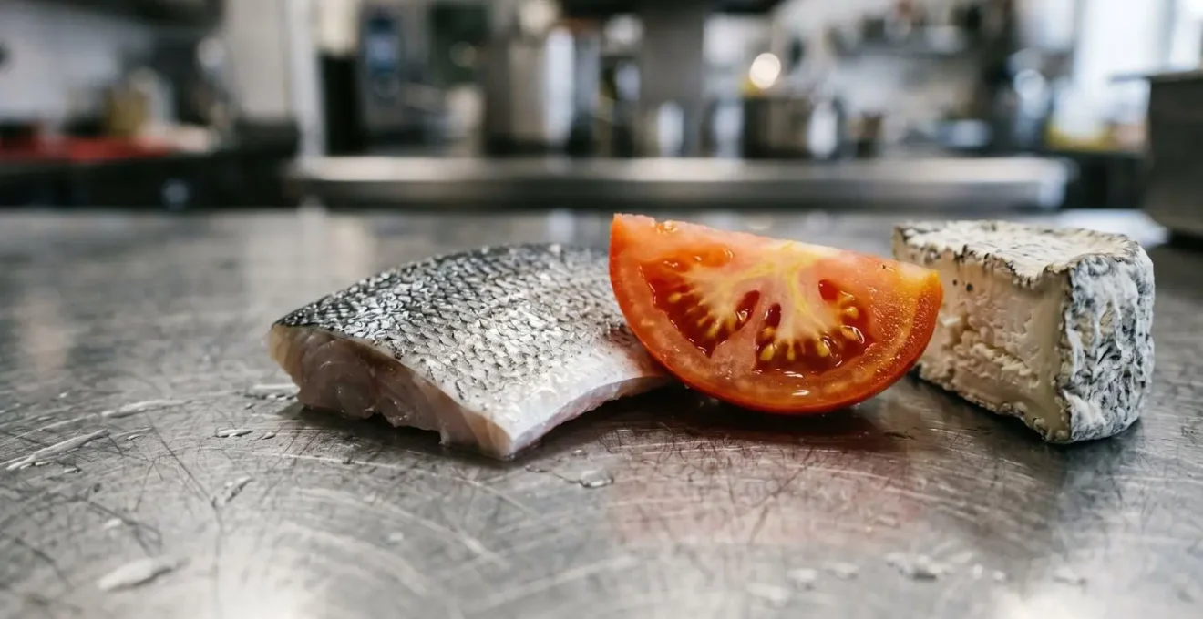 Étiquette de traçabilité alimentaire sur des produits frais en cuisine professionnelle