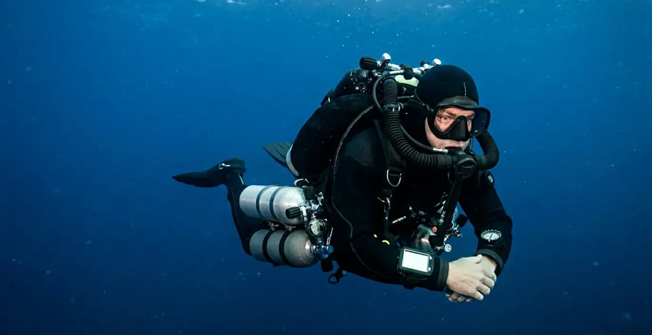 Plongeur technique équipé d'un recycleur et de multiples bouteilles dans une eau profonde bleue