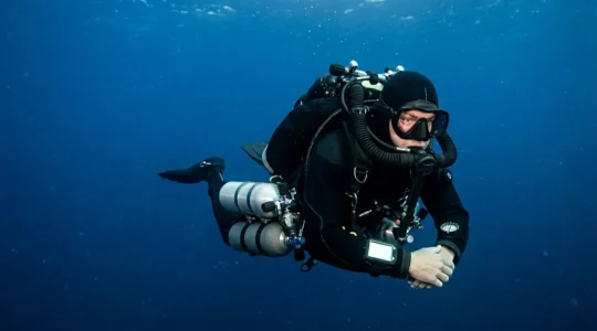 Plongeur technique équipé d'un recycleur et de multiples bouteilles dans une eau profonde bleue