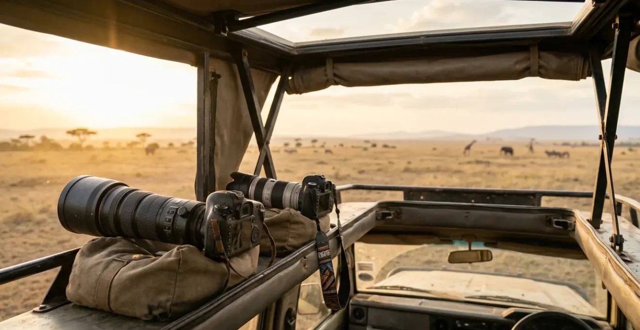 Matériel photographique professionnel dans un véhicule de safari en savane africaine