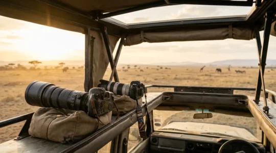 Matériel photographique professionnel dans un véhicule de safari en savane africaine