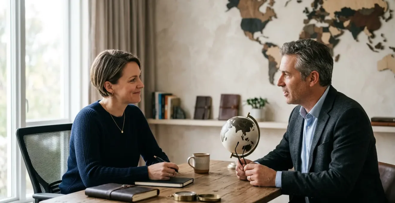 Professionnel du voyage de luxe consultant avec un client dans un environnement raffiné et personnalisé