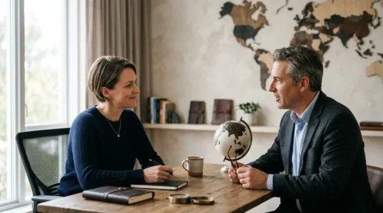 Professionnel du voyage de luxe consultant avec un client dans un environnement raffiné et personnalisé