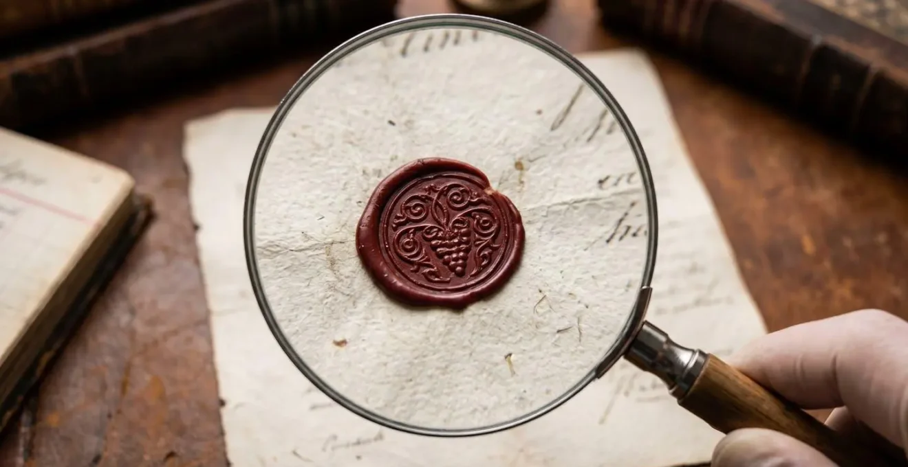 Loupe professionnelle au-dessus de documents vintages avec sceau de cire et étiquette de vin ancienne