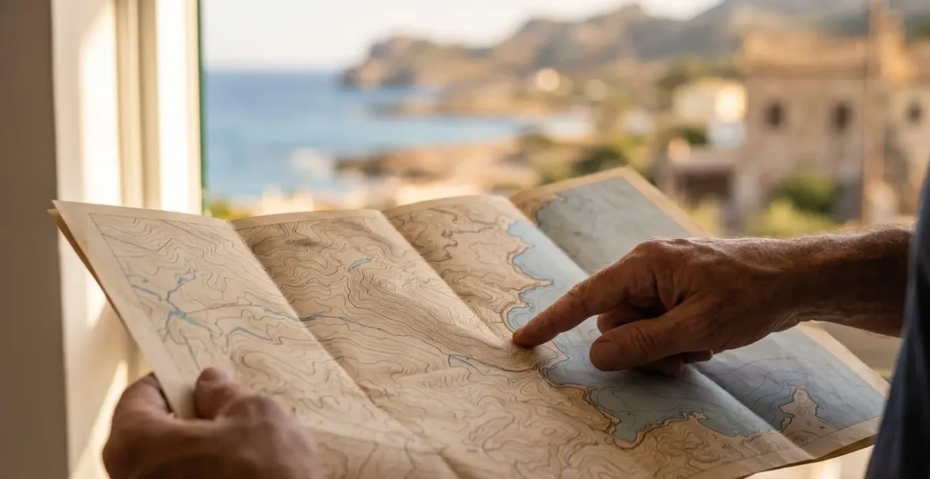 Mains tenant une carte papier depliee avec vue aerienne de cote mediterraneenne en arriere-plan flou