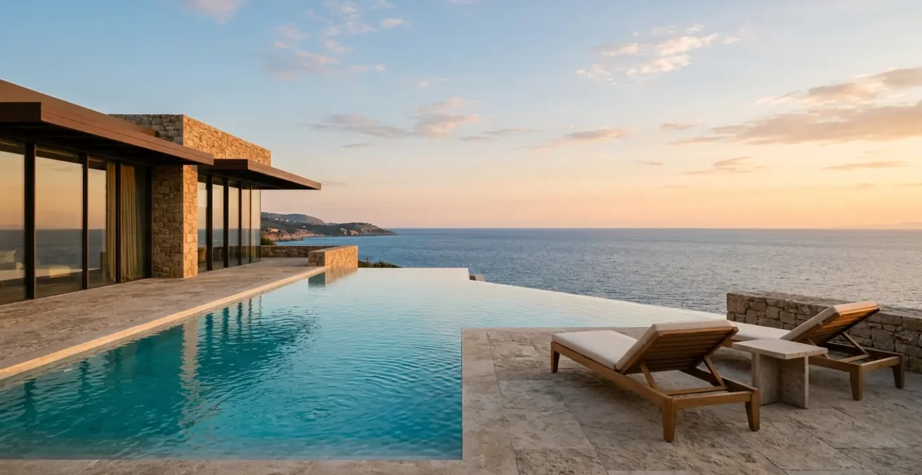 Villa de luxe avec piscine à débordement et vue panoramique sur l'océan au coucher du soleil