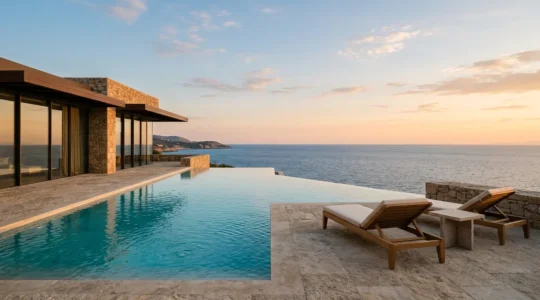 Villa de luxe avec piscine à débordement et vue panoramique sur l'océan au coucher du soleil