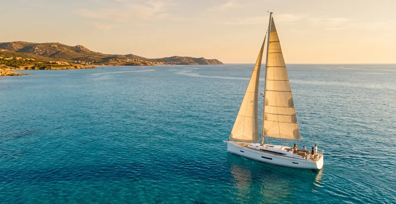 Yacht de luxe naviguant sur une mer turquoise calme avec espace familial élégant