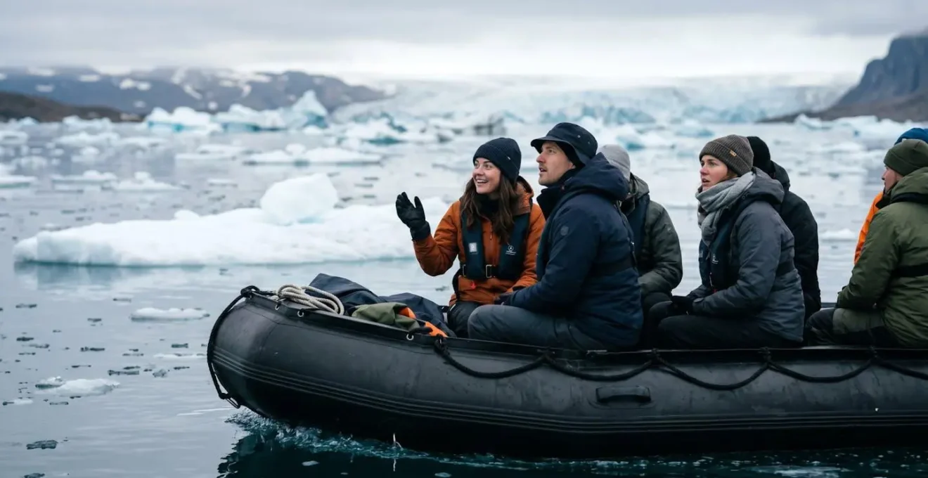 Zodiac d'expédition naviguant silencieusement parmi les glaces arctiques