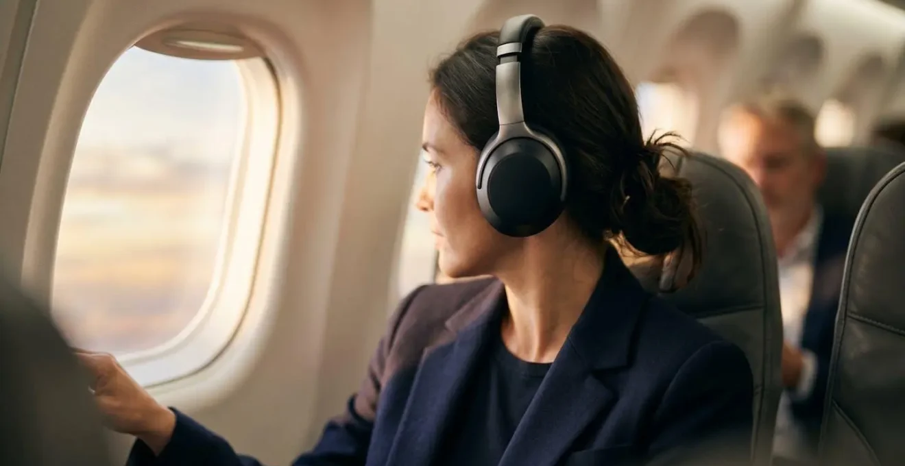 Casque audio professionnel à réduction de bruit dans un environnement de travail aérien haut de gamme