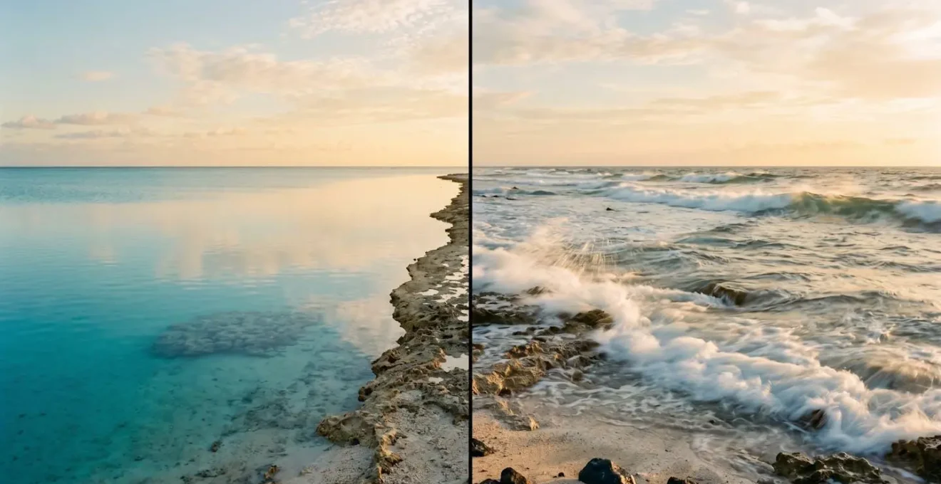 Contraste visuel entre eaux calmes turquoise du lagon et puissance de l'océan en saison venteuse