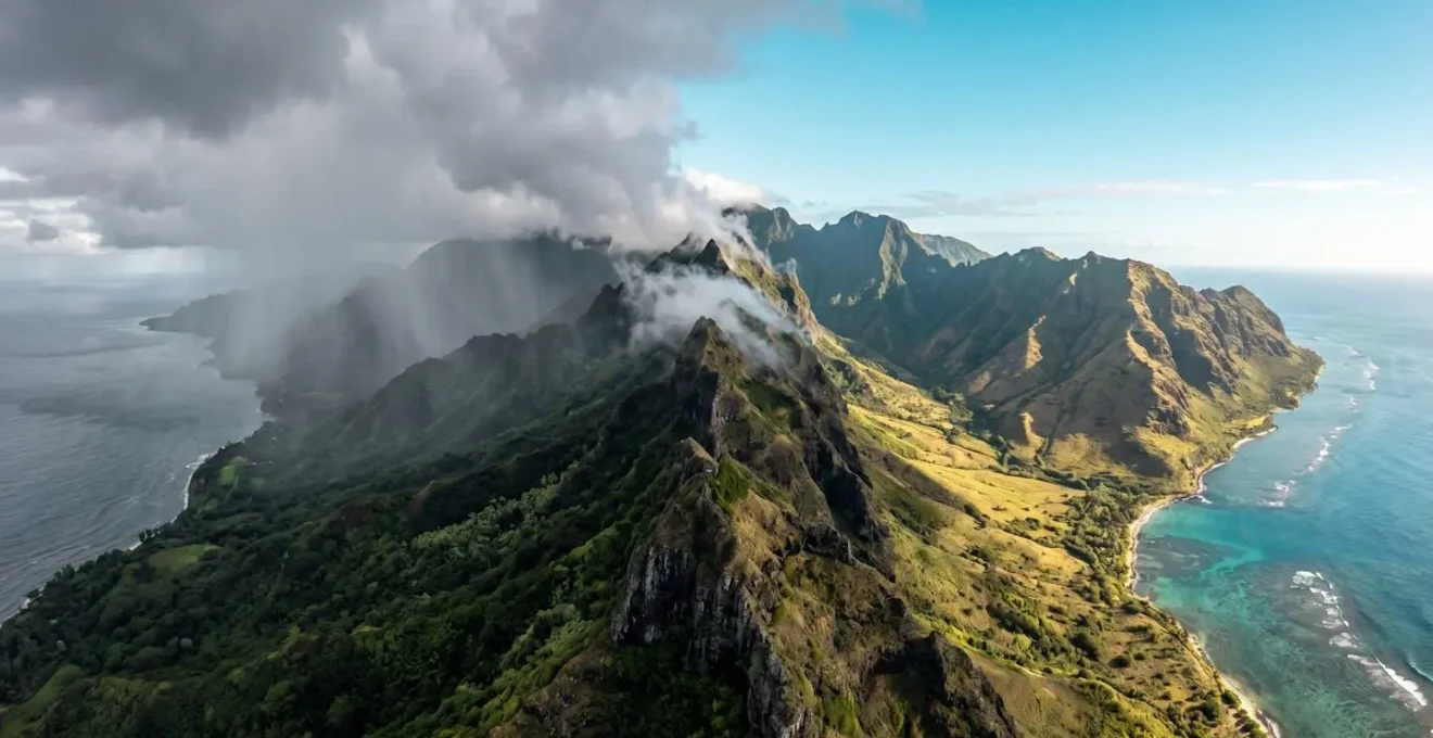 Contraste saisissant entre versant pluvieux et ensoleillé d'une île montagneuse tropicale