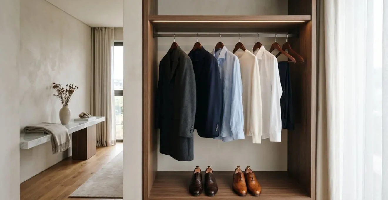 Organisation méticuleuse d'une garde-robe de luxe avec vêtements soigneusement rangés et accessoires de qualité