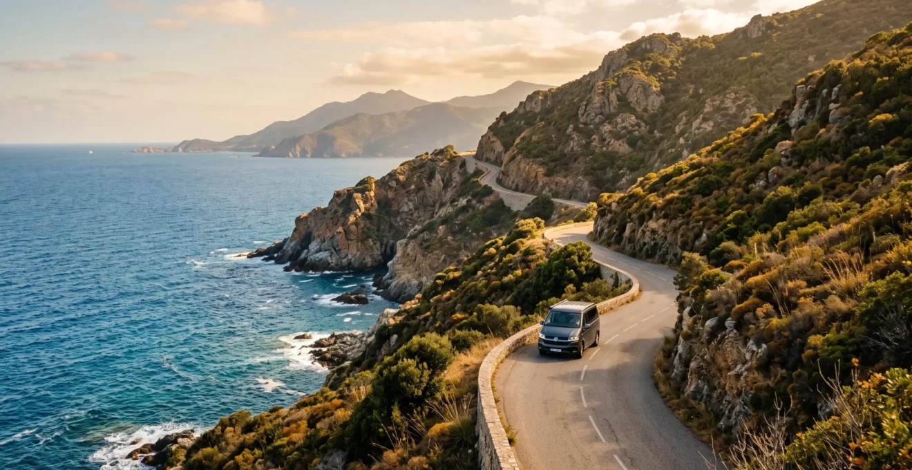 Route panoramique sinueuse longeant la côte du Cap Corse avec la mer Méditerranée en contrebas