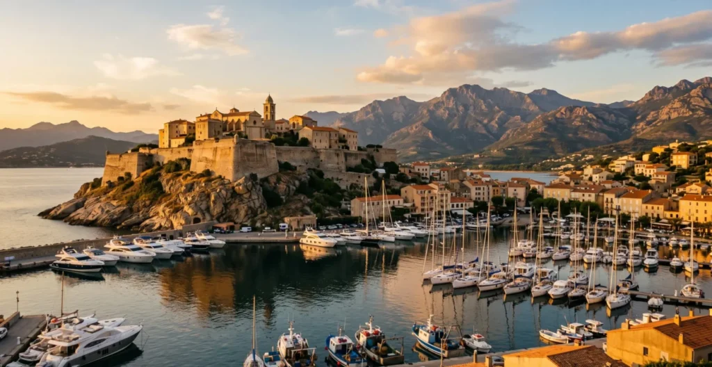 Vue panoramique de la citadelle fortifiée de Calvi dominant le port de plaisance au coucher du soleil Vue panoramique de la citadelle fortifiée de Calvi dominant le port de plaisance au coucher du soleil