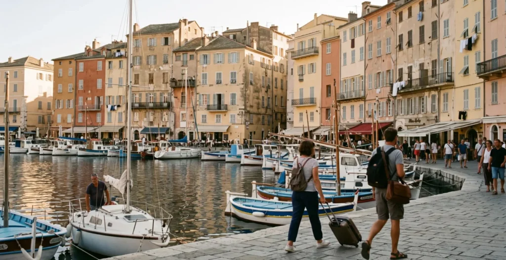 Vieux port de Bastia avec ses bâtiments colorés et des voyageurs se promenant le long du quai Vieux port de Bastia avec ses bâtiments colorés et des voyageurs se promenant le long du quai