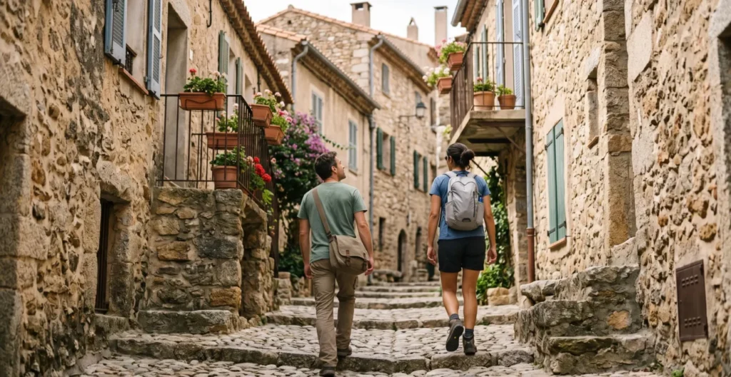 Voyageurs explorant à pied les ruelles pavées étroites d'un village perché de Balagne aux maisons de pierre blonde Voyageurs explorant à pied les ruelles pavées étroites d'un village perché de Balagne aux maisons de pierre blonde